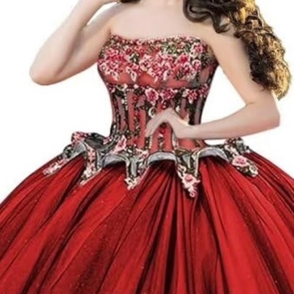 Elegant Red Strapless Prom Gown - Picture 2 of 9